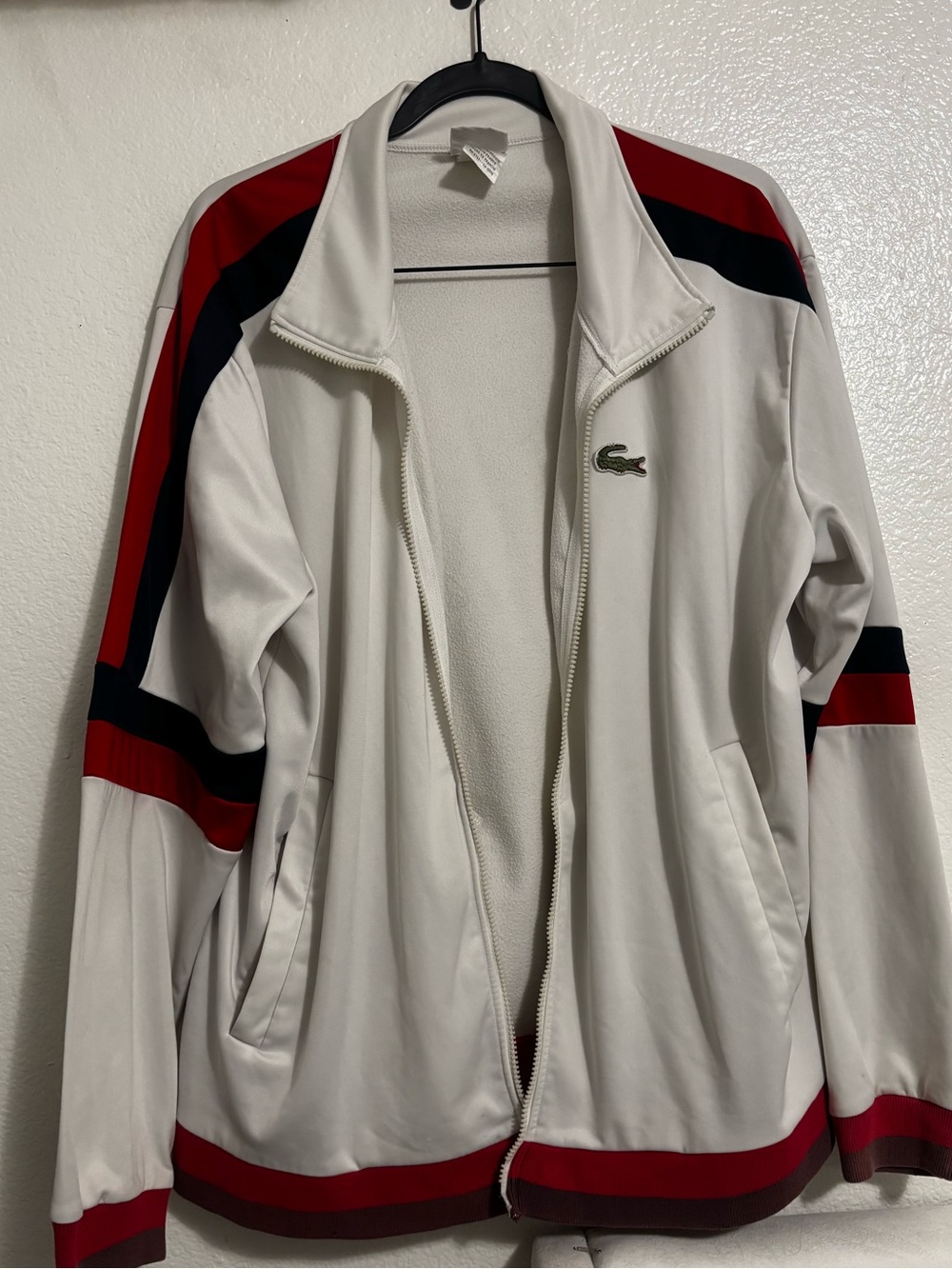 White Track Jacket with Red & Black Stripe